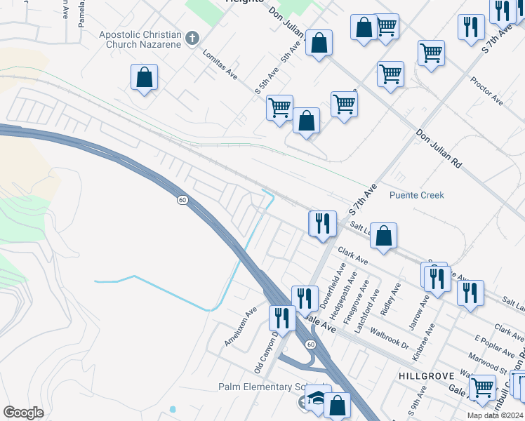 map of restaurants, bars, coffee shops, grocery stores, and more near 901 South 6th Avenue in Hacienda Heights