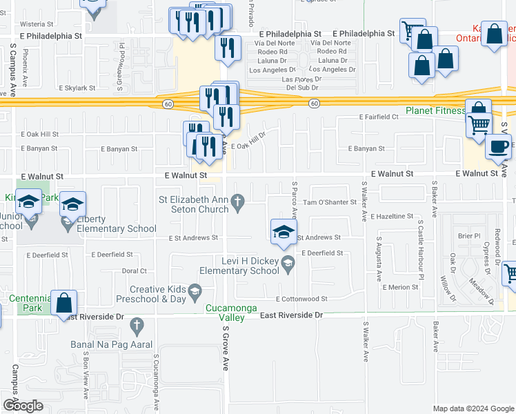 map of restaurants, bars, coffee shops, grocery stores, and more near 1258 Tam O'Shanter Street in Ontario