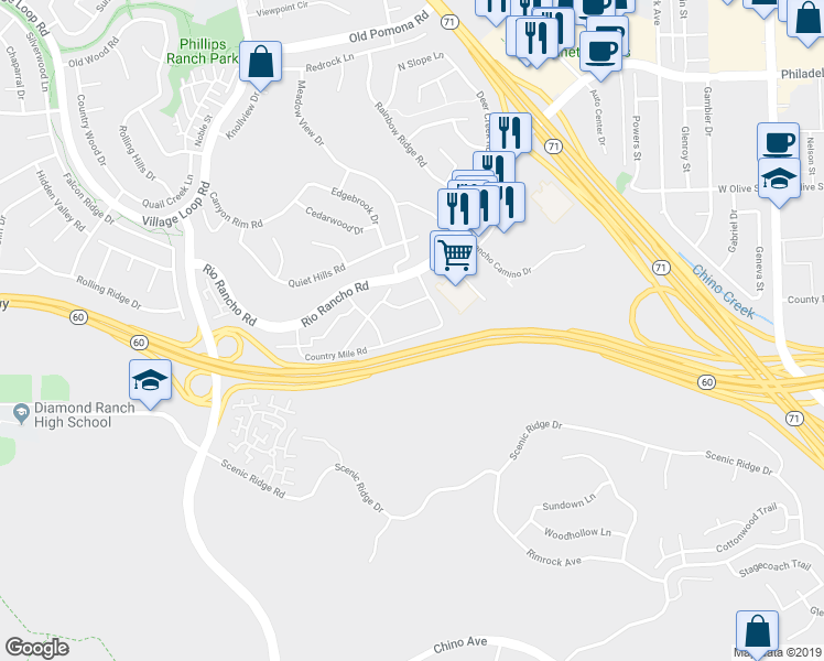 map of restaurants, bars, coffee shops, grocery stores, and more near 22 Country Mile Road in Pomona