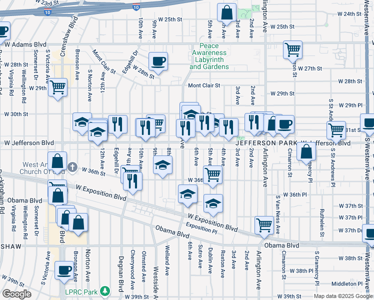 map of restaurants, bars, coffee shops, grocery stores, and more near 3434 7th Avenue in Los Angeles