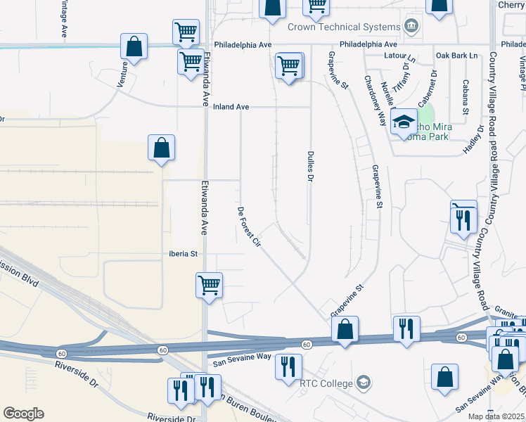 map of restaurants, bars, coffee shops, grocery stores, and more near 3375 De Forest Circle in Jurupa Valley