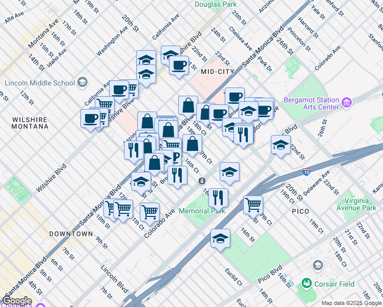 map of restaurants, bars, coffee shops, grocery stores, and more near 17th Street in Santa Monica