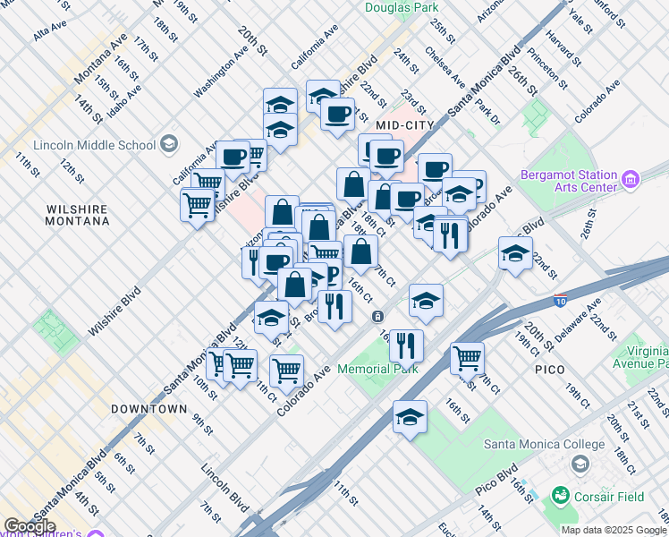 map of restaurants, bars, coffee shops, grocery stores, and more near 1437 16th Street in Santa Monica