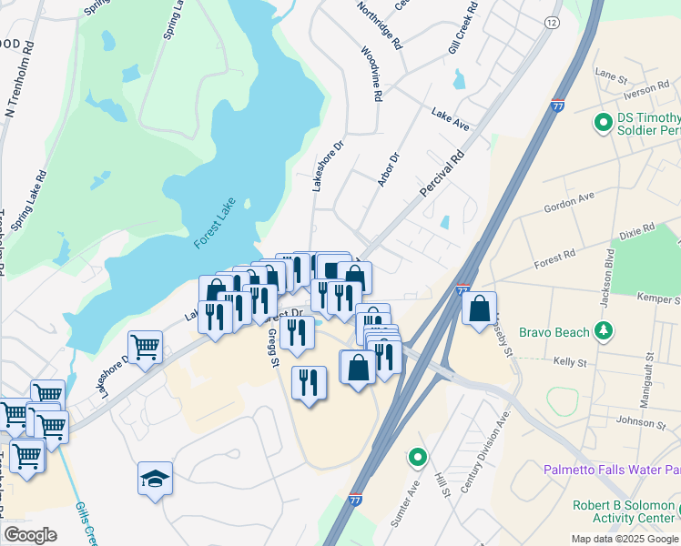map of restaurants, bars, coffee shops, grocery stores, and more near 77 Percival Road in Columbia