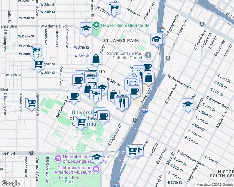 map of restaurants, bars, coffee shops, grocery stores, and more near 3029 Shrine Place in Los Angeles