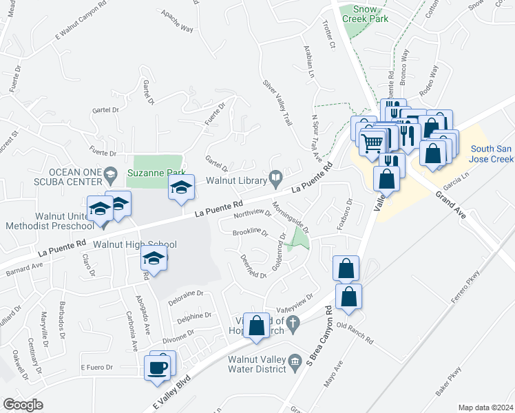 map of restaurants, bars, coffee shops, grocery stores, and more near 21029 Northview Drive in Walnut