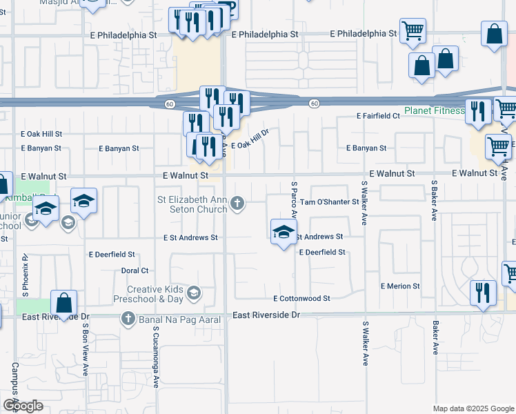 map of restaurants, bars, coffee shops, grocery stores, and more near 1258 Tam O'Shanter Street in Ontario