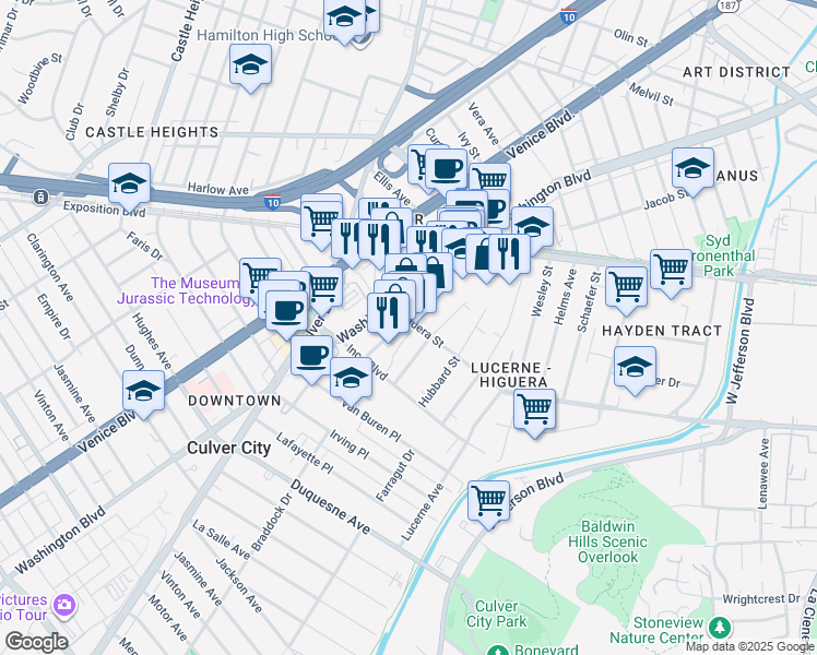 map of restaurants, bars, coffee shops, grocery stores, and more near 4003 Higuera Street in Culver City