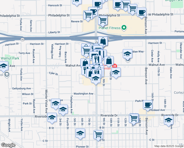 map of restaurants, bars, coffee shops, grocery stores, and more near 12568 Central Avenue in Chino