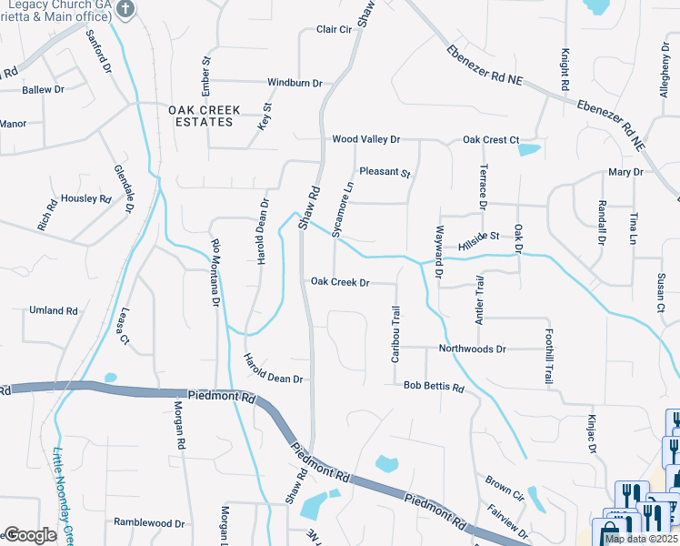 map of restaurants, bars, coffee shops, grocery stores, and more near 1560 Oak Creek Drive in Marietta