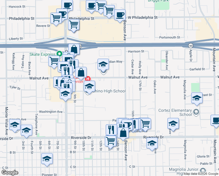 map of restaurants, bars, coffee shops, grocery stores, and more near 12579 Jacaranda Place in Chino