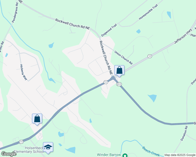map of restaurants, bars, coffee shops, grocery stores, and more near 545 Hilldale Circle in Winder