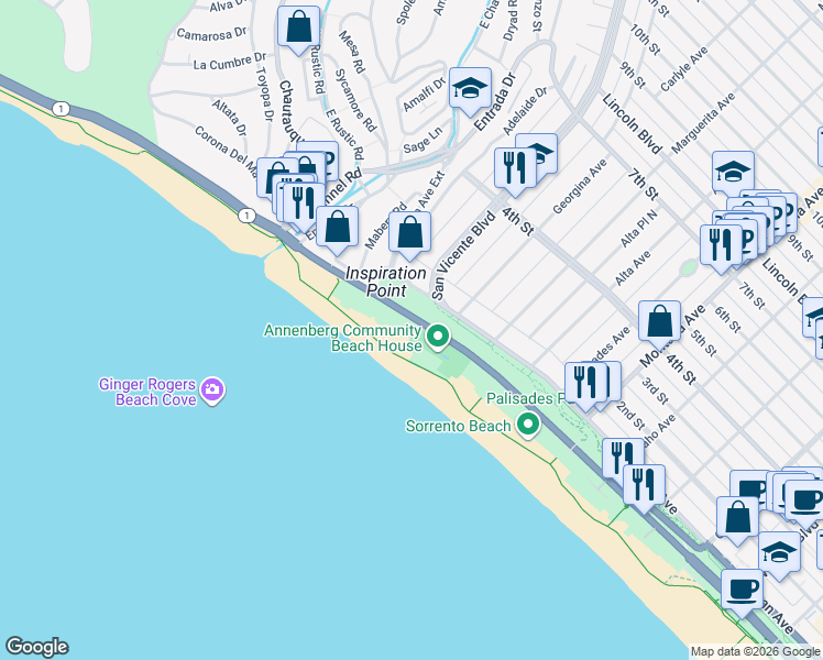 map of restaurants, bars, coffee shops, grocery stores, and more near 270 Palisades Beach Road in Santa Monica