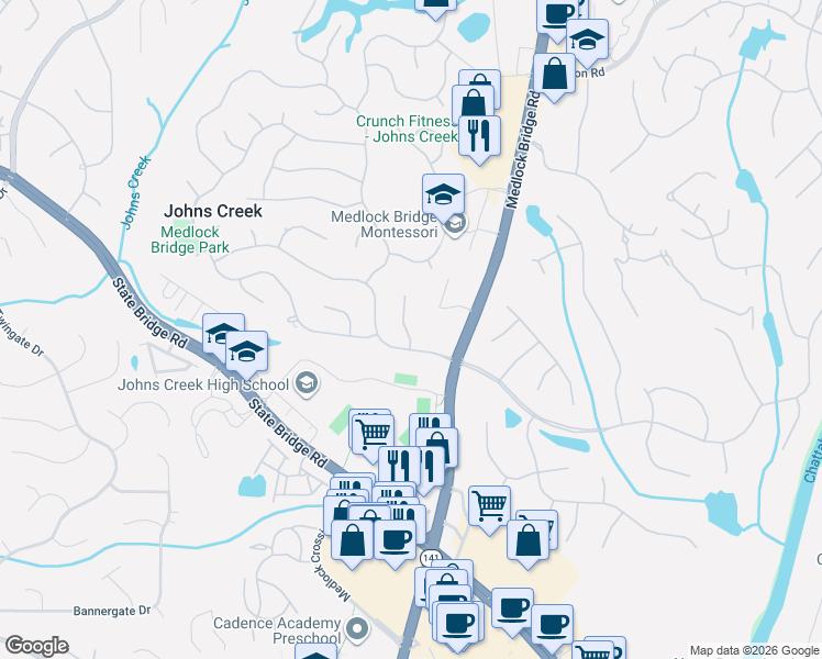 map of restaurants, bars, coffee shops, grocery stores, and more near 5770 Grove Point Road in Alpharetta