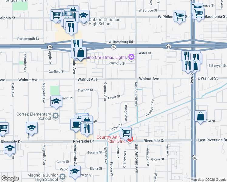 map of restaurants, bars, coffee shops, grocery stores, and more near 6577 Grant Street in Chino