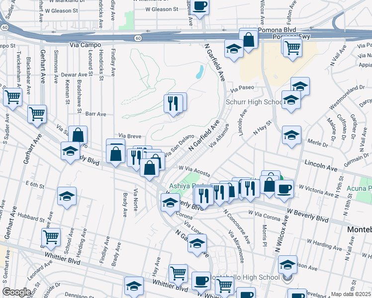 map of restaurants, bars, coffee shops, grocery stores, and more near 603 Via Altamira in Montebello