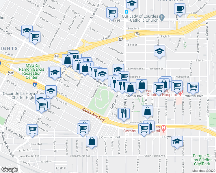 map of restaurants, bars, coffee shops, grocery stores, and more near 3653 Whittier Boulevard in Los Angeles