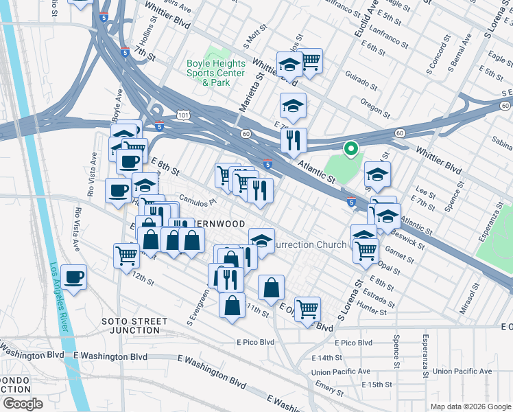 map of restaurants, bars, coffee shops, grocery stores, and more near 3000 East 8th Street in Los Angeles