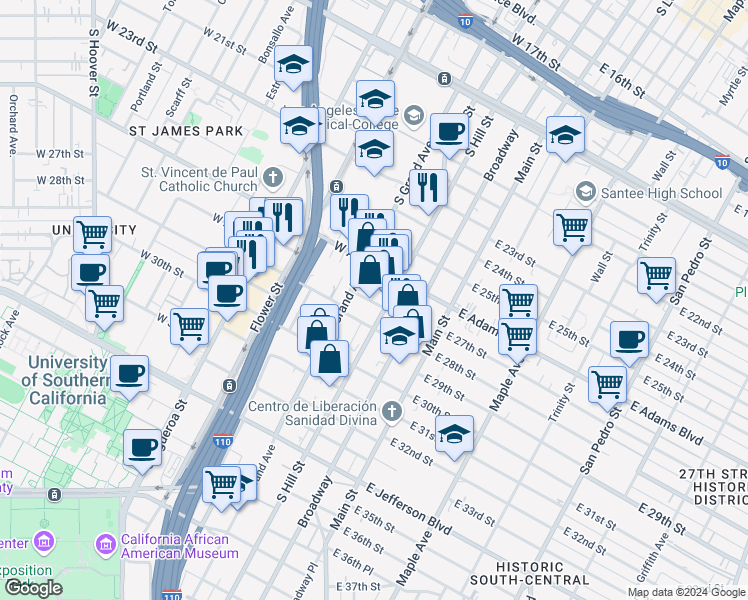 map of restaurants, bars, coffee shops, grocery stores, and more near 2711 South Hill Street in Los Angeles