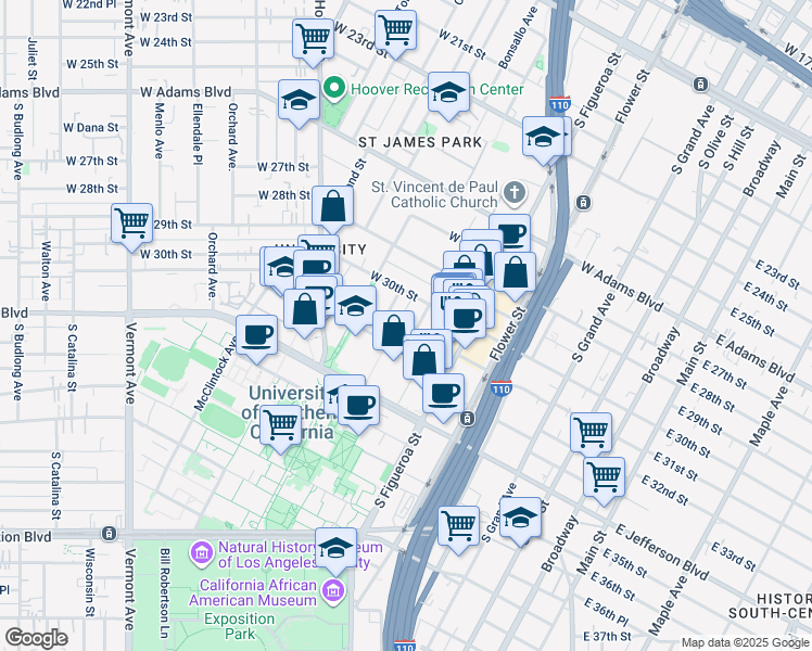 map of restaurants, bars, coffee shops, grocery stores, and more near 668 West 32nd Street in Los Angeles