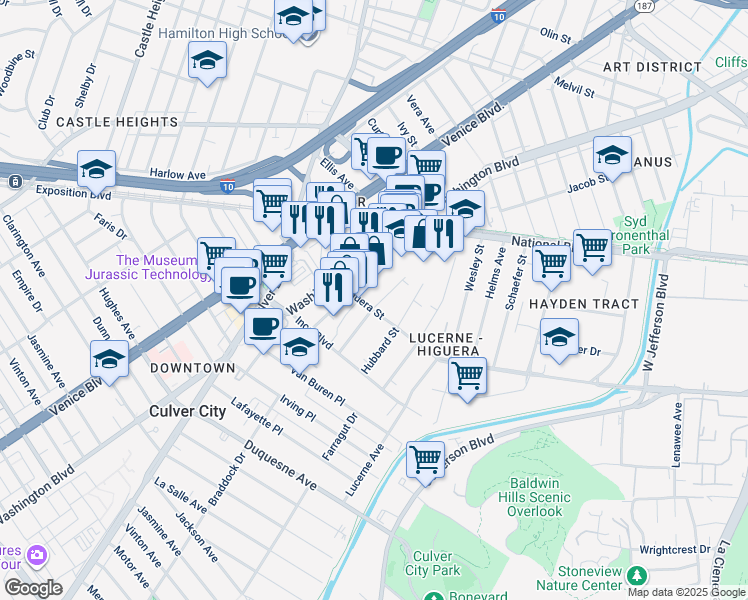 map of restaurants, bars, coffee shops, grocery stores, and more near 4003 Higuera Street in Culver City