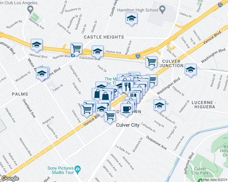 map of restaurants, bars, coffee shops, grocery stores, and more near 9733 Venice Boulevard in Los Angeles