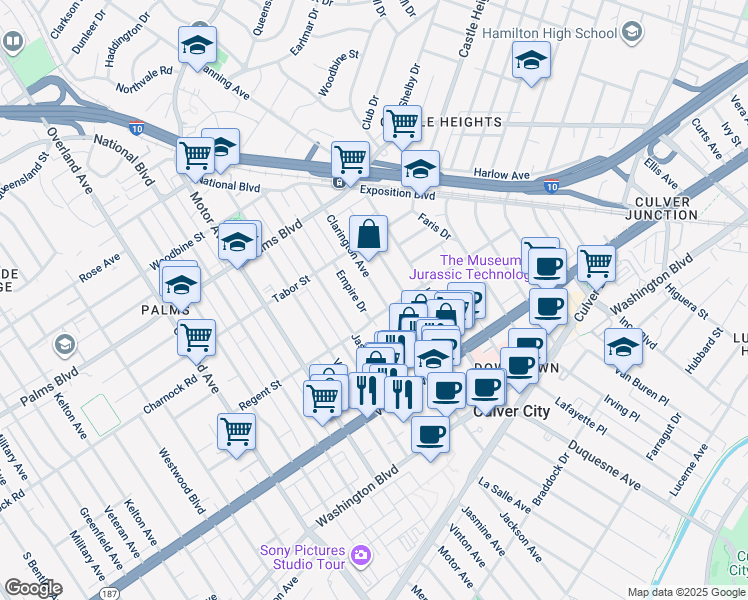 map of restaurants, bars, coffee shops, grocery stores, and more near 10110 Regent Street in Los Angeles
