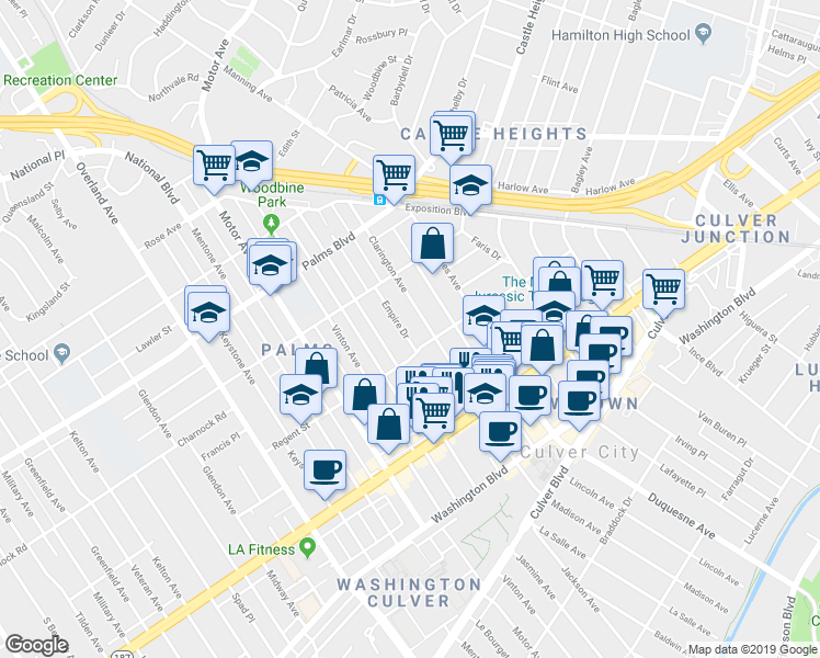 map of restaurants, bars, coffee shops, grocery stores, and more near 10110 Regent Street in Los Angeles