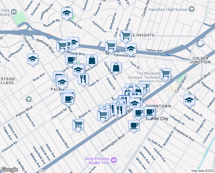 map of restaurants, bars, coffee shops, grocery stores, and more near 3664 Jasmine Avenue in Los Angeles