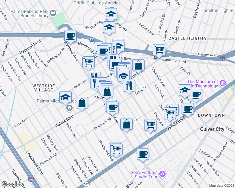 map of restaurants, bars, coffee shops, grocery stores, and more near 3540 Keystone Avenue in Los Angeles