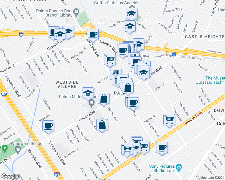 map of restaurants, bars, coffee shops, grocery stores, and more near 10740 Lawler Street in Los Angeles