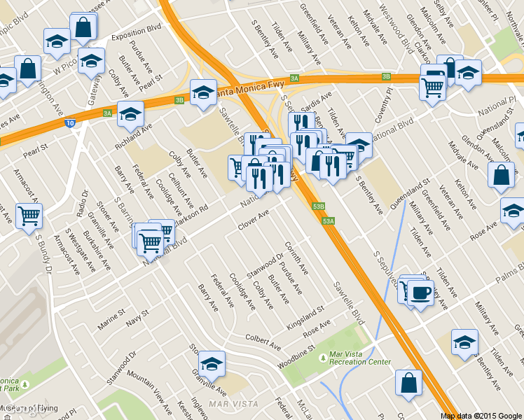 map of restaurants, bars, coffee shops, grocery stores, and more near 3100 Purdue Avenue in Los Angeles