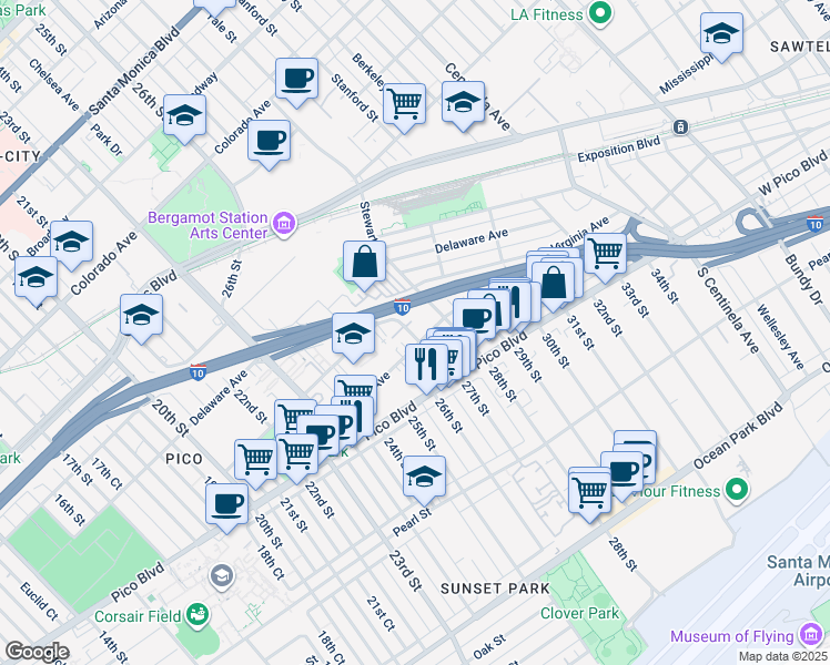 map of restaurants, bars, coffee shops, grocery stores, and more near 2625 Kansas Avenue in Santa Monica