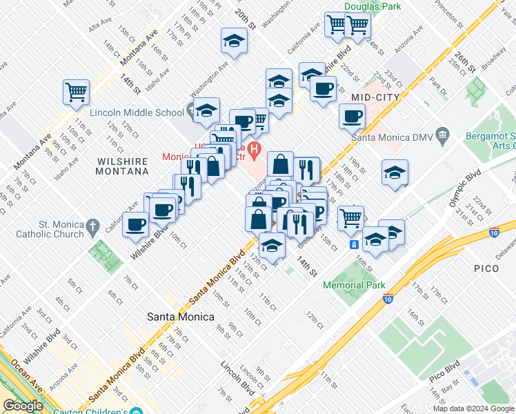 map of restaurants, bars, coffee shops, grocery stores, and more near 1338 14th Street in Santa Monica