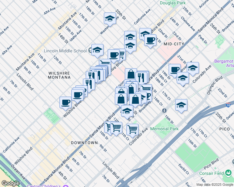 map of restaurants, bars, coffee shops, grocery stores, and more near 1338 14th Street in Santa Monica