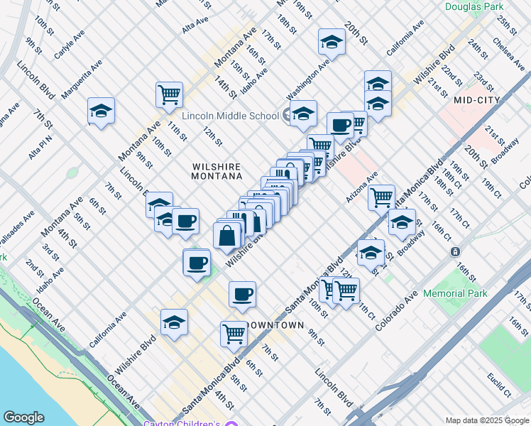 map of restaurants, bars, coffee shops, grocery stores, and more near 1025 Wilshire Boulevard in Santa Monica