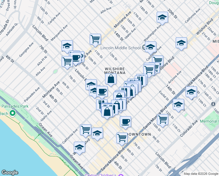 map of restaurants, bars, coffee shops, grocery stores, and more near 1060 9th Street in Santa Monica