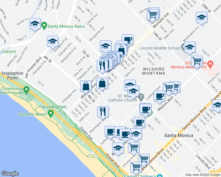 map of restaurants, bars, coffee shops, grocery stores, and more near in Santa Monica
