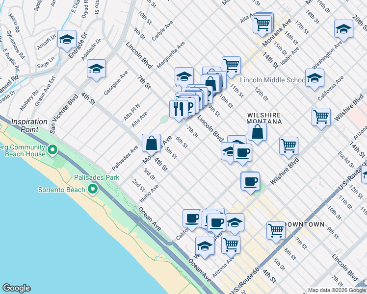map of restaurants, bars, coffee shops, grocery stores, and more near 525 Idaho Avenue in Santa Monica