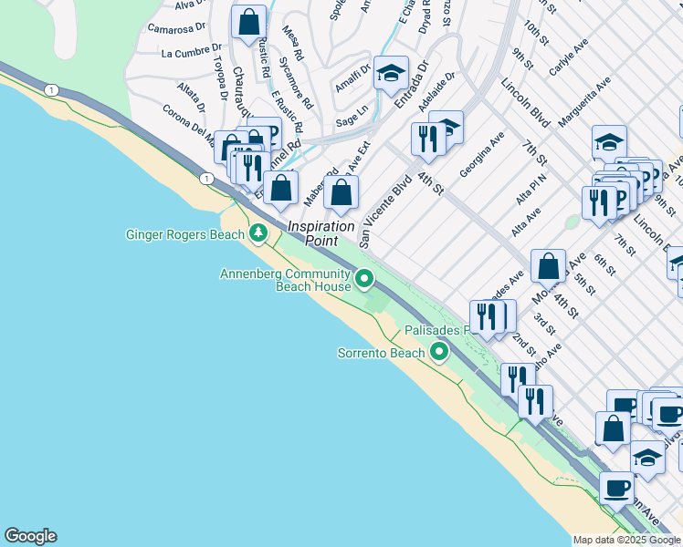 map of restaurants, bars, coffee shops, grocery stores, and more near in Santa Monica