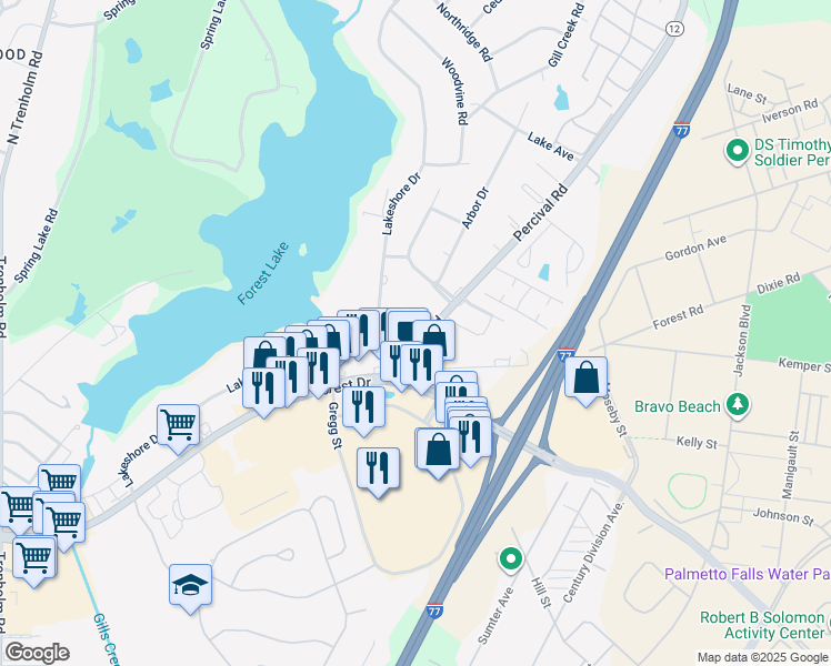 map of restaurants, bars, coffee shops, grocery stores, and more near 77 Percival Road in Columbia