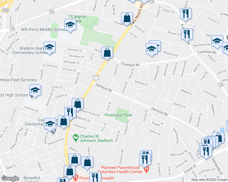 map of restaurants, bars, coffee shops, grocery stores, and more near 2445 Harrison Road in Columbia