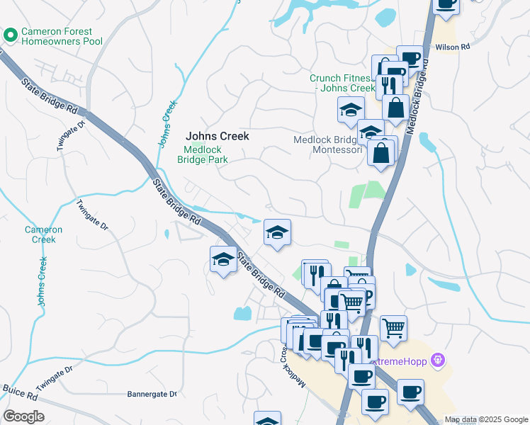 map of restaurants, bars, coffee shops, grocery stores, and more near 610 Brington Close in Alpharetta