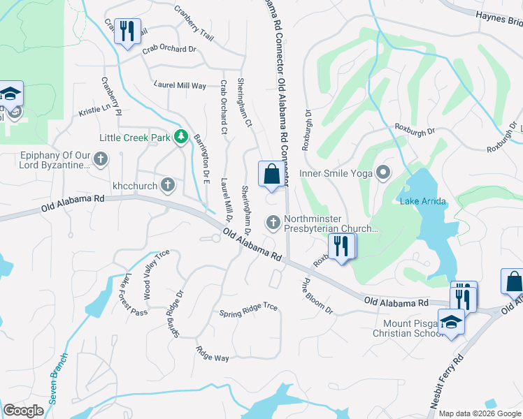 map of restaurants, bars, coffee shops, grocery stores, and more near 1090 Northpointe Trace in Roswell