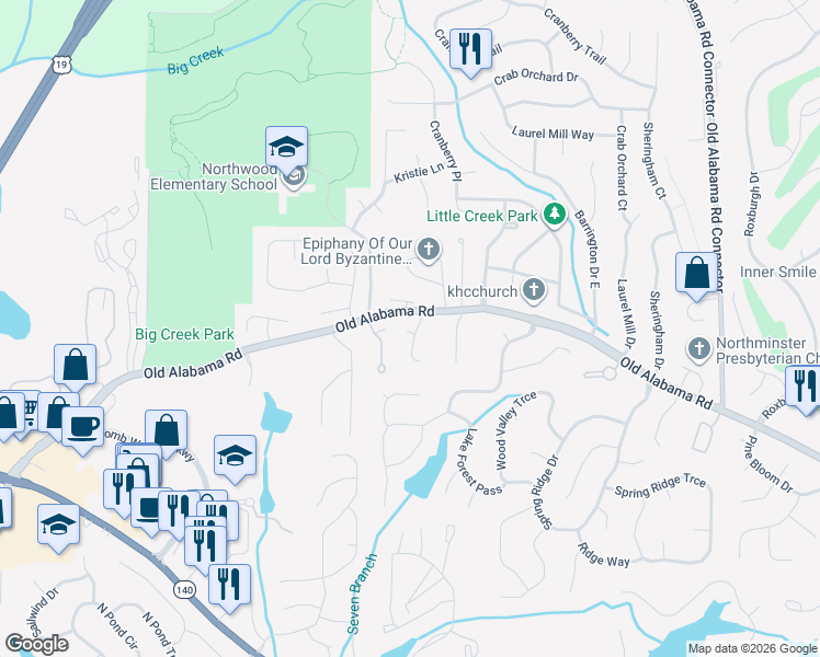 map of restaurants, bars, coffee shops, grocery stores, and more near 110 Weatherburne Drive in Roswell