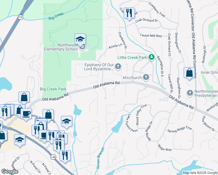 map of restaurants, bars, coffee shops, grocery stores, and more near 145 Stonewyck Place in Roswell