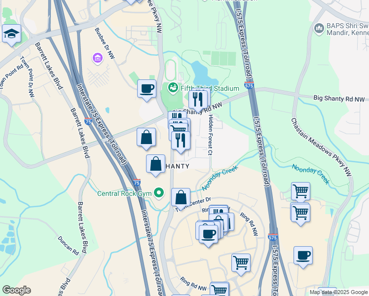map of restaurants, bars, coffee shops, grocery stores, and more near 2928 George Busbee Parkway Northwest in Kennesaw