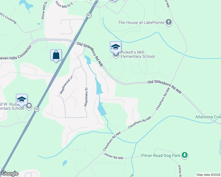 map of restaurants, bars, coffee shops, grocery stores, and more near 6379 Granbury Walk in Acworth