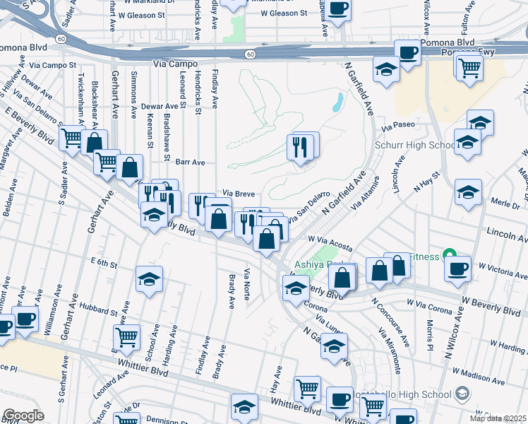 map of restaurants, bars, coffee shops, grocery stores, and more near 2963 Via San Carlo in Montebello