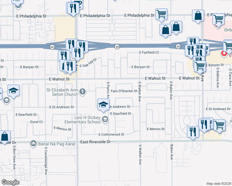 map of restaurants, bars, coffee shops, grocery stores, and more near 1426 Tam O'Shanter Street in Ontario